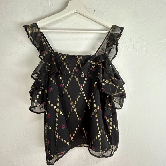 A.L.C Womens Willow Silk Metallic Ruffle Cold Shoulder Blouse Size 6 Black Gold - Picture 2 of 9